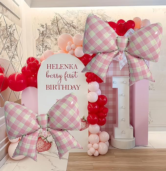 4Pcs Pink Plaid Bow Balloons 38"/Gingham Bowknot Foil Balloons for One Silly Goose Decor for Girl Baby Shower, Picnic, Girly Room & Sweet Party Decorations/coquette Party Supplies