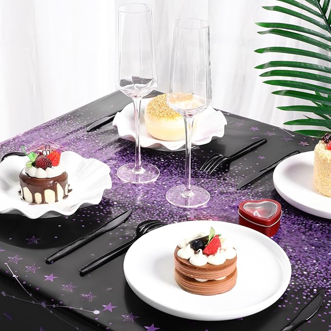 Tudomro 1 Pcs Happy Birthday Tablecloths Happy Birthday Party Decorations Plastic Table Cover Rectangular Cloths for Women Men Baby Shower Party Supplies, 108 x 54 Inch (Black Purple)