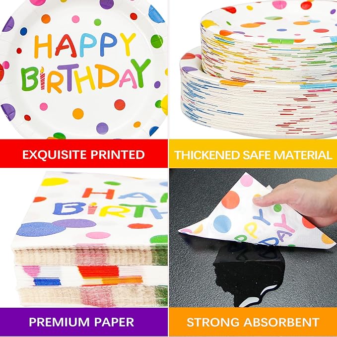 180PCS Happy Birthday Party Supplies Serves 60,Rainbow Dot Party Paper Plates and Napkins Set for Kids Boys Girls Birthday Party Decorations