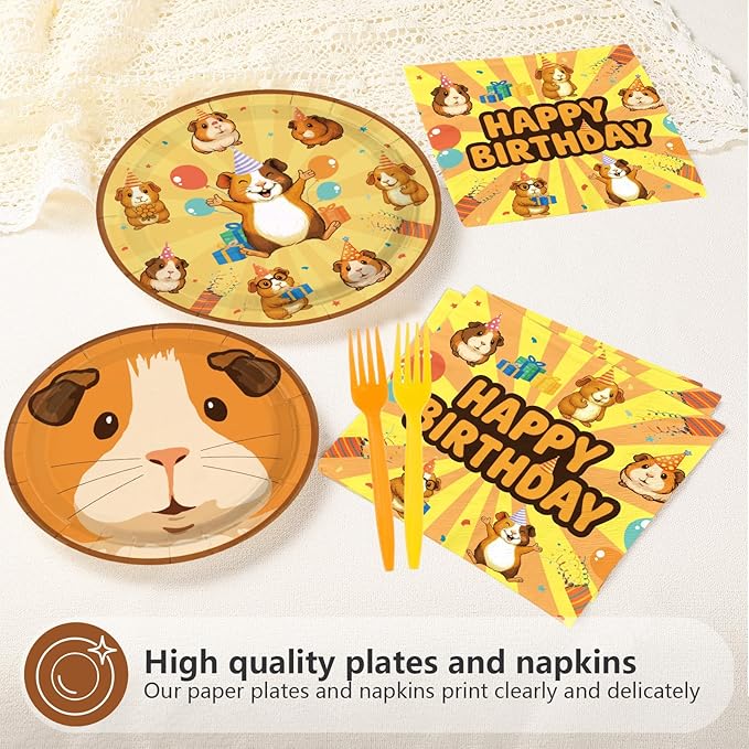 96Pcs Guinea Pig Birthday Party Decorations Hamster Happy Birthday Plates and Napkins Sets Brown Guinea Pig Decorations for Boys Girls Animal Theme Bday Party Supplies Serves 24