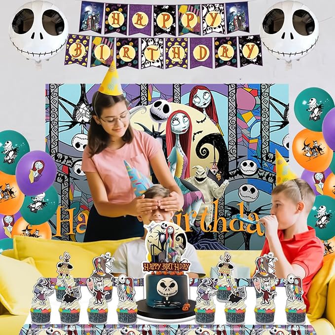 Birthday Decorations, Nightmare Christmas Party Supplies Halloween Birthday Party Decorations Set Includes Banner Balloons Tablecloth Backdrop Hanging Swirls Cake Toppers
