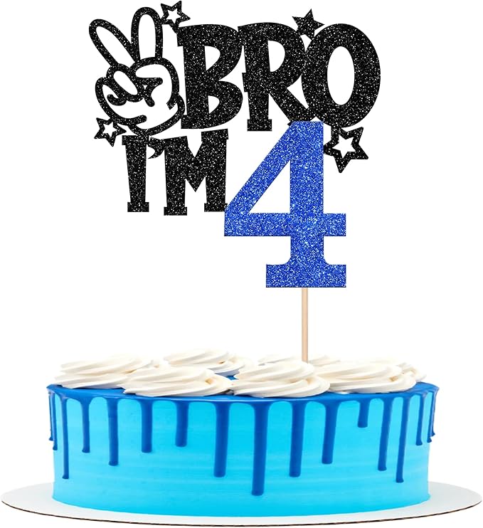 1 PCS Brother I'm 4 Cake Topper Glitter Star Happy 4th Birthday Cake Pick Bro I'm 4 Cake Decoration It's My 4th Birthday Decorations for Boys Cheers to 4 Years Old Birthday Party Supplies Blue