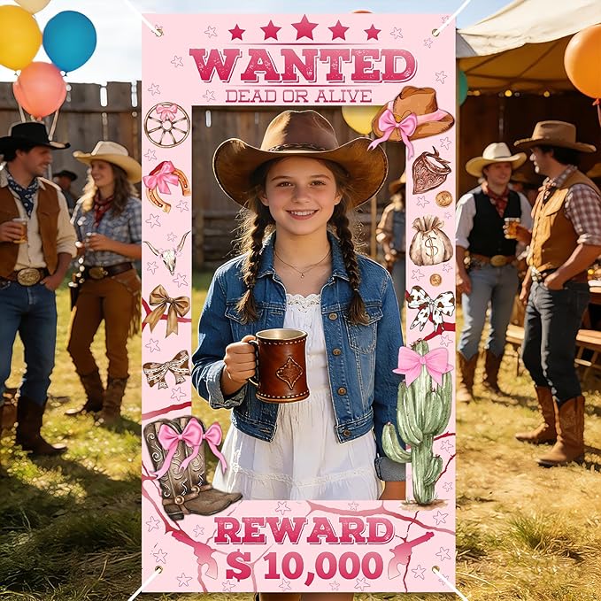 Pink Cowgirl Banner Backdrop - 72x39 Inch Cowgirl Photo Prop with Rope, Western Pink Bow Cowgirl Party Decor for Cowboy Themed Party Decorations, Baby Shower and Bachelorette Birthday Party Supplies