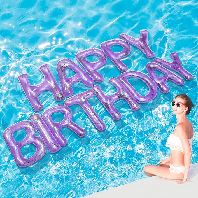 Shappy 20'' Happy Birthday Pool Large Floating Letter Balloons with Adhesive Dots Inflatable Pool Decorations for Summer Birthday Party