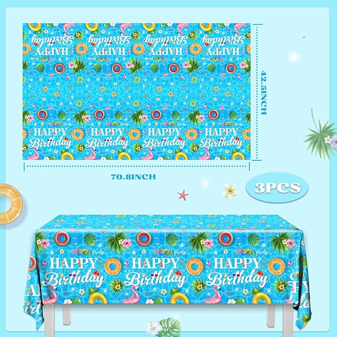 3Pieces Pool Party Tablecloth - Summer Swimming Table Decoration Disposable Pool Birthday Table Cover for Hawaii Birthday Baby Shower Party Supplies
