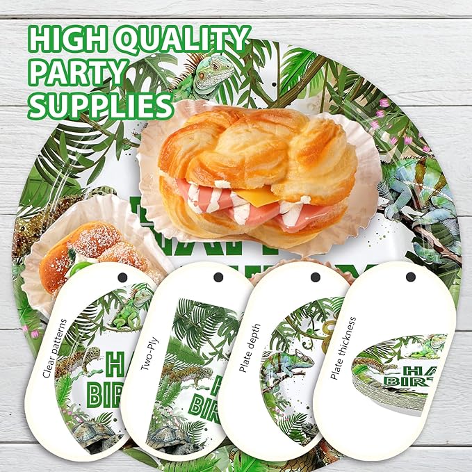 96Pcs Reptile Birthday Party Supplies Lizard Snake Turtle Birthday Party Plates and Napkins Green Reptile Wild Tableware Set for Tropical Wild Greenery Favors Serves 24