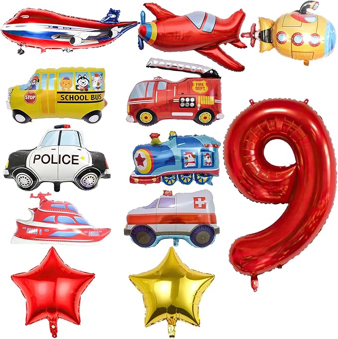 12pcs Transportation Balloons, Truck Plane School Bus Fire Truck Police Car Ship Ambulance Submarine Foil Balloon, Transportation 9th Birthday Vehicles Theme Party Supplies Decorations (9th)