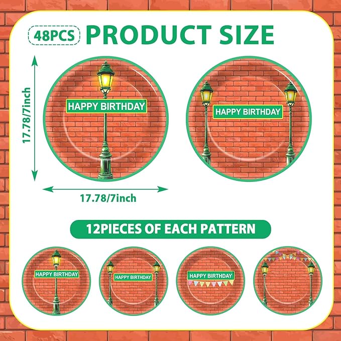 48Pcs Red Brick Wall Street Birthday Party Supplies 7" Modern Cartoon Street Paper Plates Disposable Dessert Plates Dinnerware Tableware for Birthday Baby Shower Kids Cartoon Theme Party Decorations