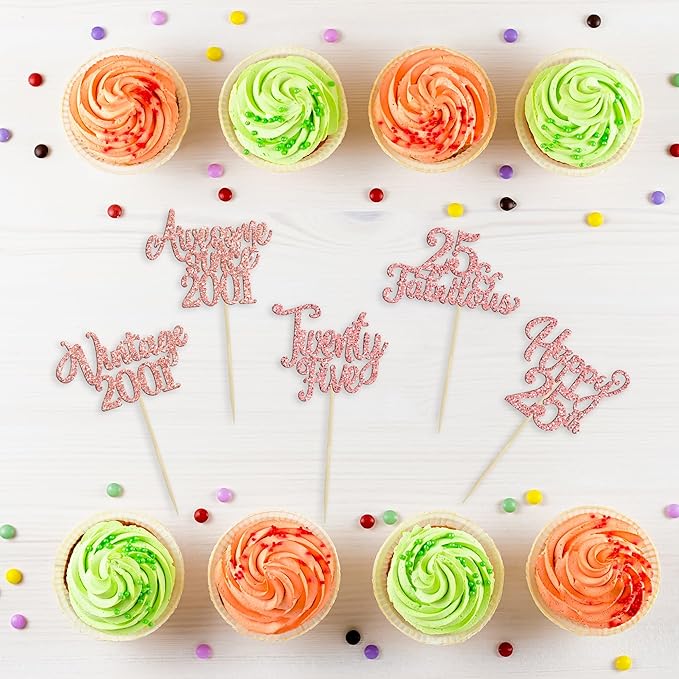 30Pcs Vintage 2001 Cupcake Toppers Glitter Twenty-Five 25 Fabulous Happy 25th Birthday Cupcake Picks Awesome Since 2001 Cake Decorations for 25th Birthday Retirement Party Supplies Rose Gold
