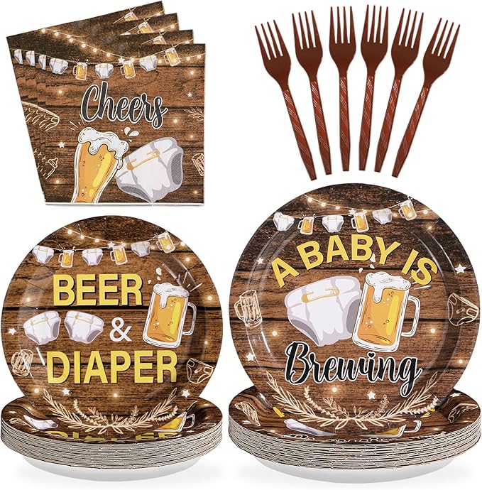 96Pcs Beer and Diaper Party Decorations A Baby is Brewing Baby Shower Plates and Napkins Tableware Set Beer And Bottle Diaper Decorations for Cheers Beers Brew Birthday Party Supplies Serves 24