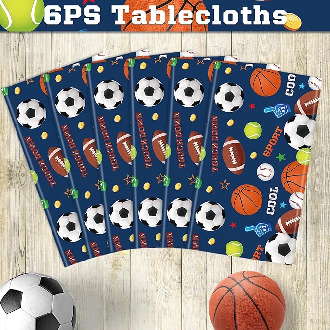 6 Pack Sports Party Decorations Sport Tablecloth Sport Theme Birthday Table Cloth Soccer Basketball Football Baseball Table Covers for Boys All Star Sports Themed Party Supplies 51 x 86 in