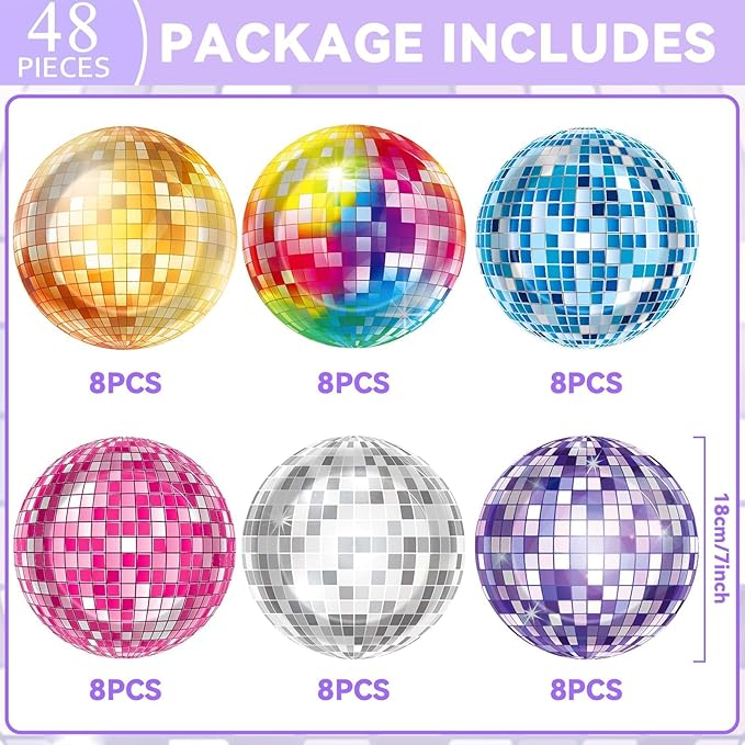 CHUNNIN 48Pcs 70s Shining Disco Ball 7" Paper Plates for Disco Decorations 70's Theme Party Plates Retro Colorful Dinner Plate for 1970s Dance Birthday Baby Shower Party Supplies