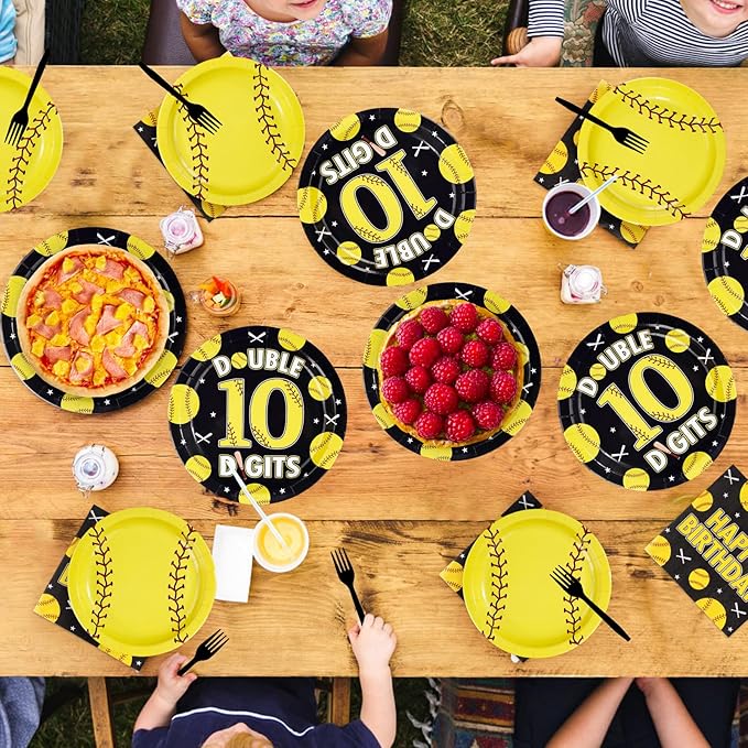 96Pcs Softball 10th Birthday Party Supplies Sport Themed 10th Birthday Plates and Napkins Yellow Black Softball Disposable Paper Tableware Set for Kids 10 Year Old Party Supplies Serves 24