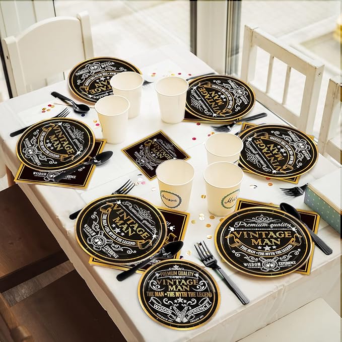 gisgfim 96 Pcs Vintage Man Party Supplies Paper Plates Napkins Vintage Theme Party Birthday Decorations Favors for Black Gold Serves 24