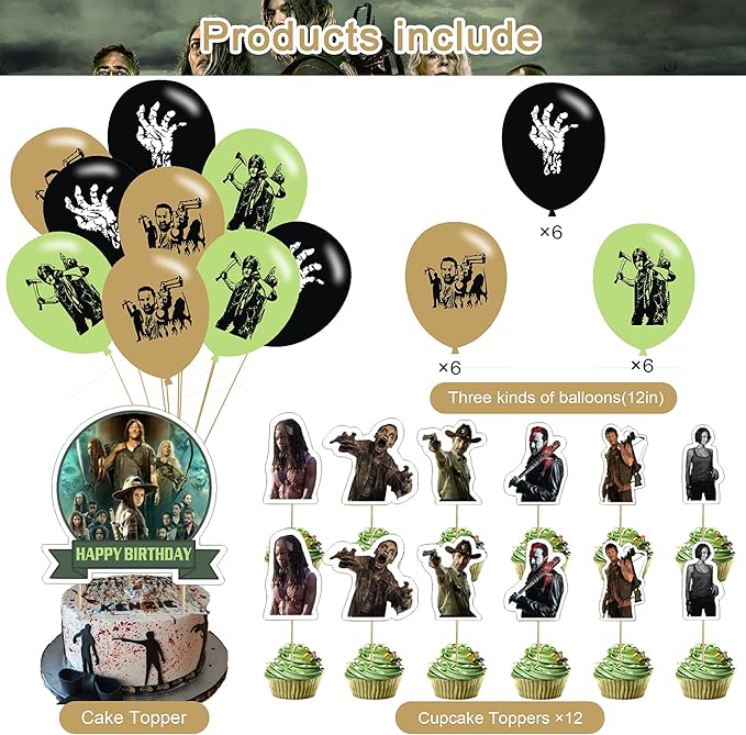 The Walking Dead Party Supplies - Birthday Decorations for TV Show Theme With Happy Birthday Banner, Cake Topper, Balloons, and Stickers