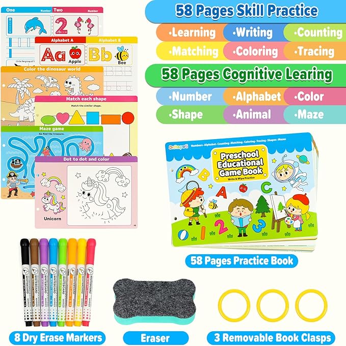 Dr.Rapeti Preschool Learning Activities Educational Workbook Busy Book 58 Pages 8 Dry Erase Markers Prek Montessori Handwriting Practice Activity Tracing Toy Early Learning Toy for 3 years+