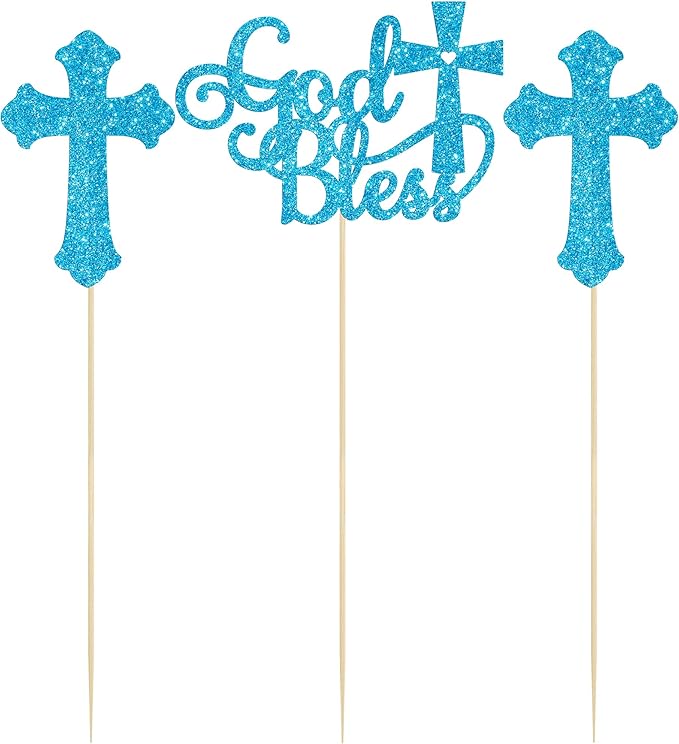 Gyufise 12Pcs God Bless and Cross Centerpiece Sticks Double Sided Cross God Bless Table Flower Centerpieces Sticks First Communion Baptism Decorations for God Bless Theme Party Supplies Blue