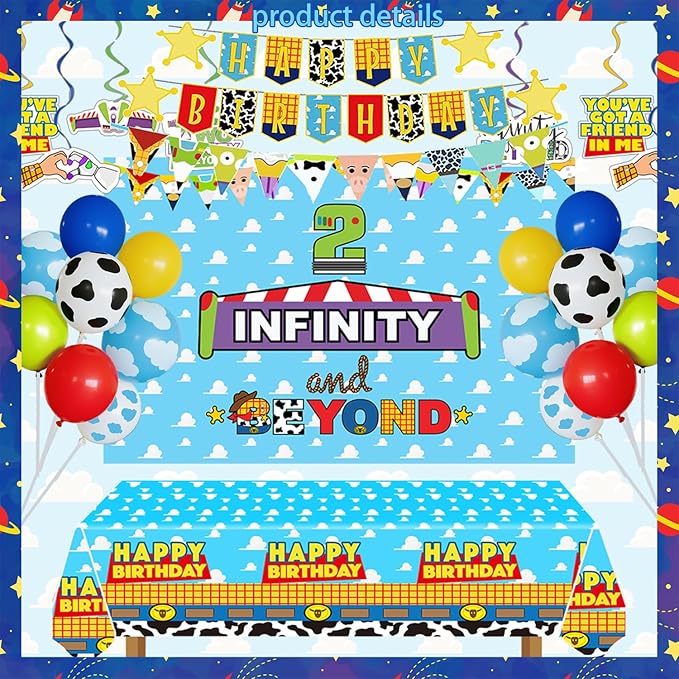 METIXOZE Two Infinity and Beyond Birthday Decorations Blue Clouds Cartoon Story 2nd Birthday Party Supplies include Backdrop Crown Cake Cupcake Toppers Hanging Swirls Two Banner Balloons Tablecloth