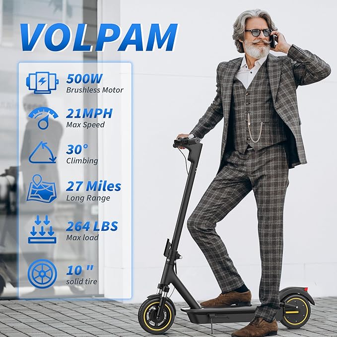 VOLPAM Electric Scooter, 350W/500W Powerful Motor, 8.5"/10" Solid Tires, 19/21Mph, 28/23/21/16 Miles Max Range, Dual Braking