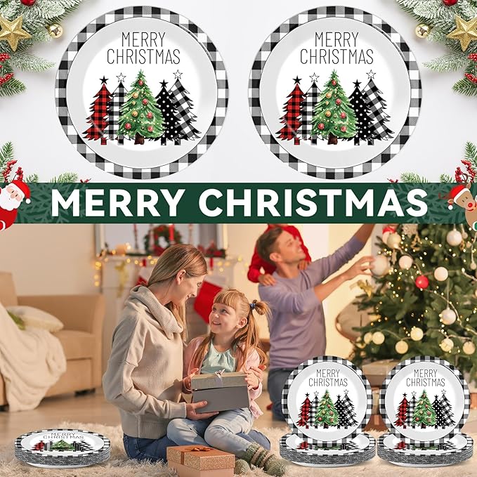 CHUNNIN 50Pcs Christmas Buffalo Plaid Tree Paper Plates 7 Inch Black White Table Decoration Merry Christmas Disposable Dinnerware Xmas Trees Tableware for Xmas Holiday Birthday Party Supplies