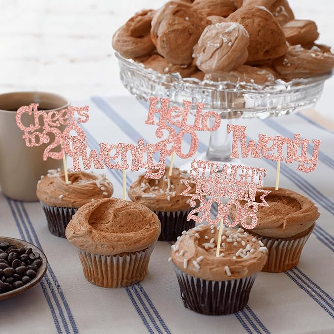 Ephlyn 24Pcs Happy 20th Birthday Cupcake Toppers Glitter Cupcake Picks Hello 20 Cheers to 20 Years Cake Decorations for 20th Birthday Anniversary Party Decorations Supplies Rose Gold