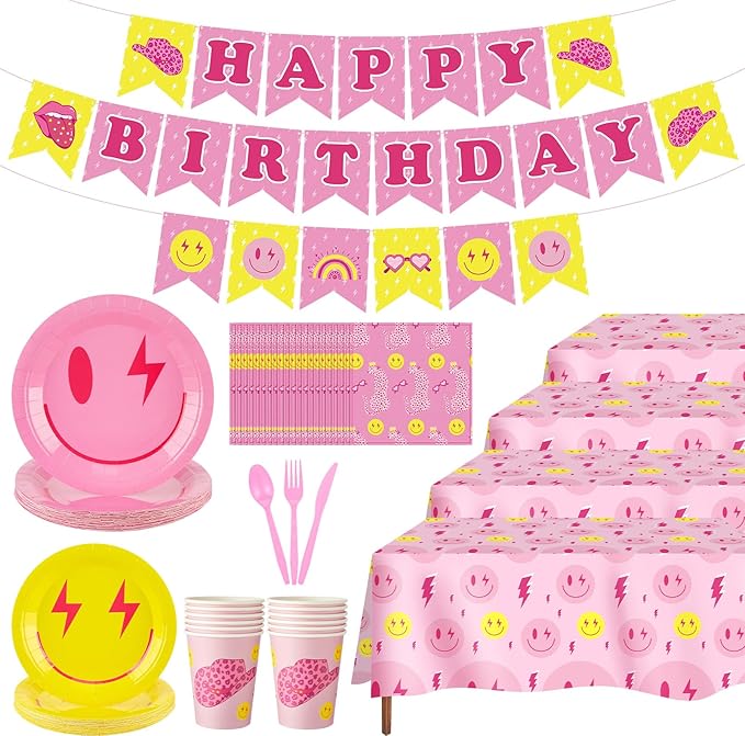 Dandat 175 Pcs Pastel Birthday Plates and Napkins Preppy Party Decorations Macaron Smile Happy Birthday Banner Supplies Serves 24 Guests Tableware Paper Plates Napkins Cups Tablecloths(Adorable)