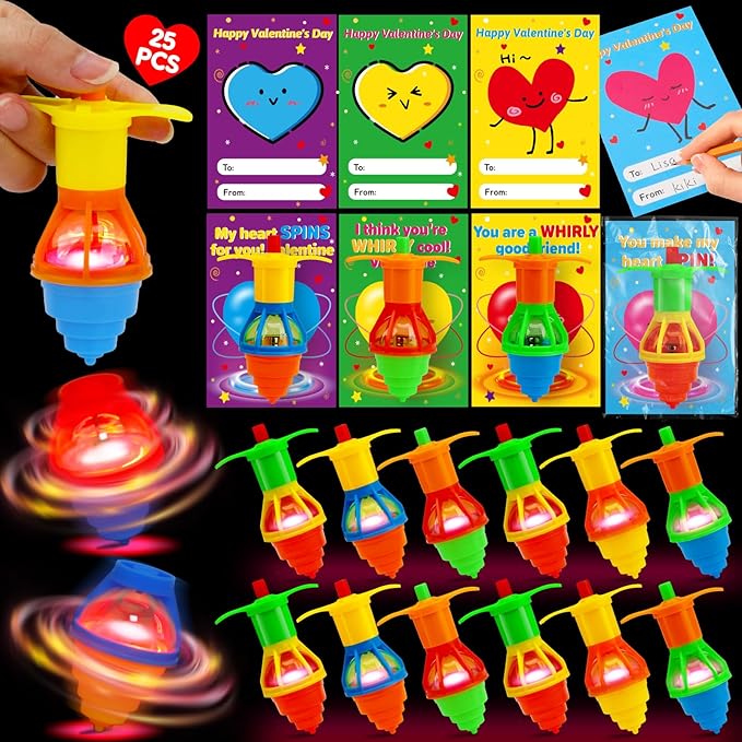 25PCS Light Up Spinning Tops Valentines Day Gifts for Kids School Funny Valentine Exchange Cards for Kids Classroom Toddler Boy Girl Valentine’s Class Party Favors Goodie Bag Stuffers Bulk Prizes