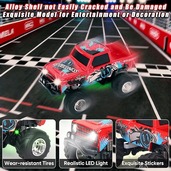 1:64 Red RC Cars for Kids Toys, 2.4Ghz Remote and APP Control, Mini Alloy Truck Car with Cool Light and USB-C Recharging, Speed Adjustable Steering Easy to Operate, Gift for Children, Boys, Girls