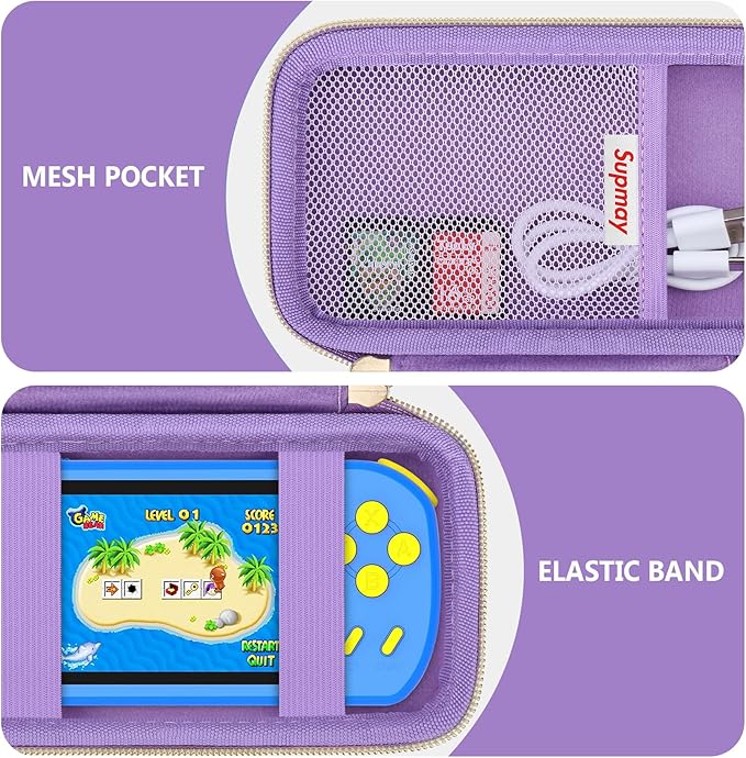 Supmay Carrying Case Compatible with CCTU / TEBIYOU Kids Handheld Games Preloaded 218 Retro Video Games, Portable Gaming Electronic Toys Storage Holder Travel Bag with Mesh Pocket, Purple(Cube)