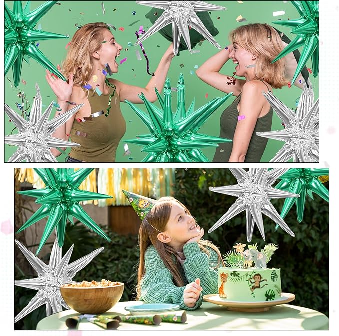 6 Pcs Silver Star Foil Balloons One-Piece 14-Pointed Star Balloon 4D Starburst Cone Mylar Balloon 22inch Christmas Birthday Wedding Wedding Anniversary Party Supplies (Silver + Green)