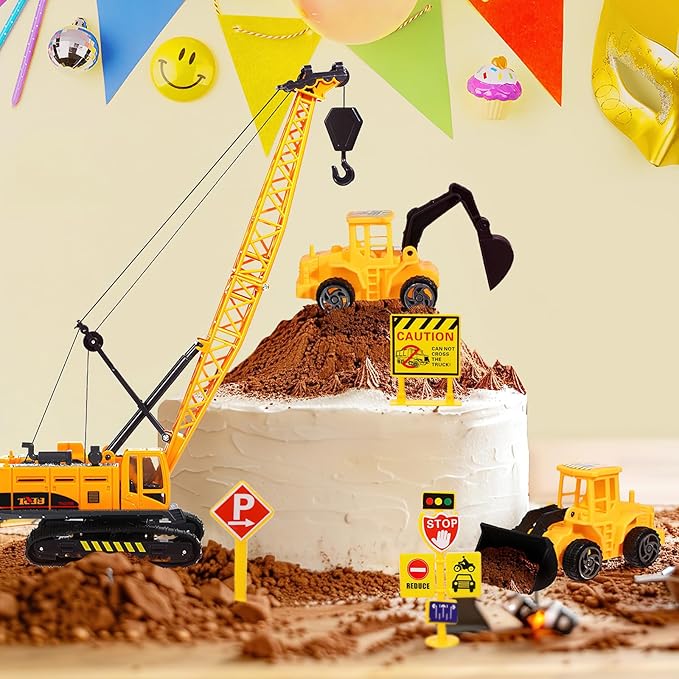RAYNAG 16 Pieces Construction Cake Topper Construction Birthday Party Supplies Vehicles Cake Decorations with Large Crane, Traffic Road Sign, Excavator