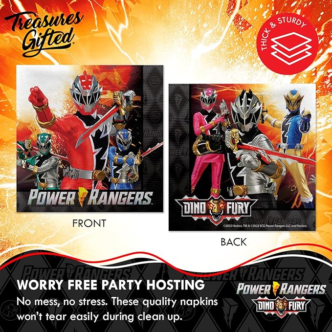 Treasures Gifted Officially Licensed Power Rangers Party Supplies - Pack of 32 Napkins - Power Rangers Birthday Decorations - 6.5in x 6.5in Paper Napkins