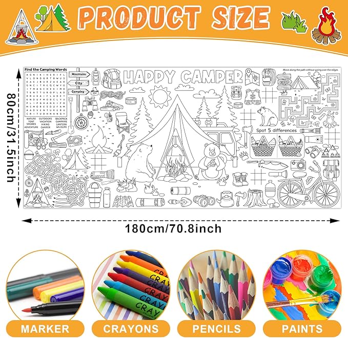 Naozinebi Camping Giant Coloring Poster for Kids Camper Summer Large Coloring Tablecloth Big Paper Sheets Page Camp Table Cloth DIY Activity Game Art Crafts Mat Wall Home Party Decoration Supplies