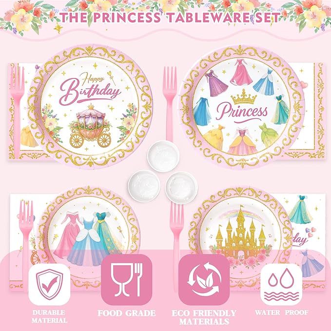 144 Pcs Princess Paper Plates Napkins, Birthday Party Supplies Include Forks Cups Straws, Summer Party Tableware Set for Kids, Serves 24 Guests