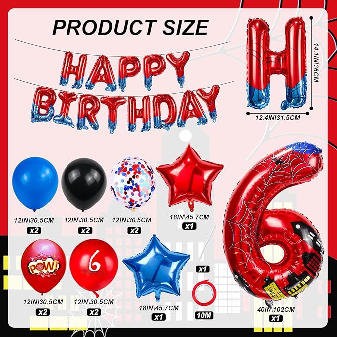 Cartoon Hero 40 Inch Red and Blue Spider Theme Number Foil Birthday Decoration Balloon, Spider Theme Happy Birthday Banner Party Decoration Balloon, Letter Logo Superhero Party Supplies (6)