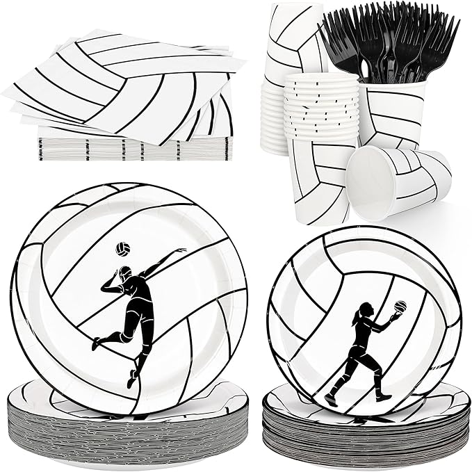 durony 144 Pieces Volleyball Paper Plates and Napkins Dinnerware Set Volleyball Birthday Party Tableware Supplies Includes Paper Plates Napkins Forks Serve 24 for Sports Party Supplies