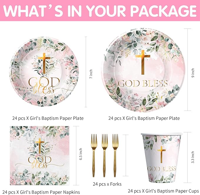 God Bless Baptism Decorations Tableware Girl - First Communion Decorations Supplies, Plate, Cup, Napkin, Fork, Baptism Plates And Napkins Set For Christening Baby Shower Religious | Serve 24