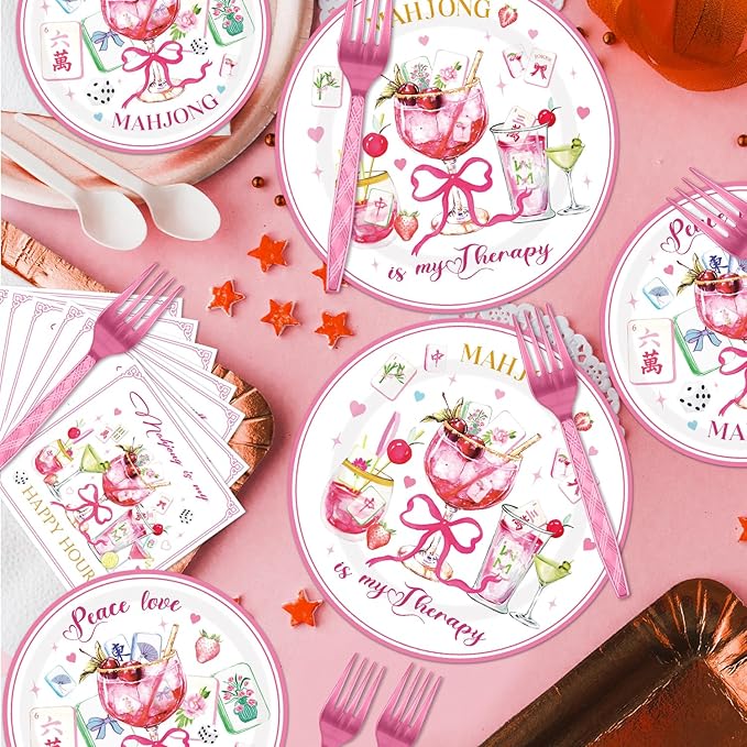96Pcs Mahjong Party Decorations Tableware Set Mahjong Cocktail Paper Plates Napkins Forks Casual Gatherings Chinese Game Nights Bridal Showers Birthday Theme Party Supplies Serve 24 Guests