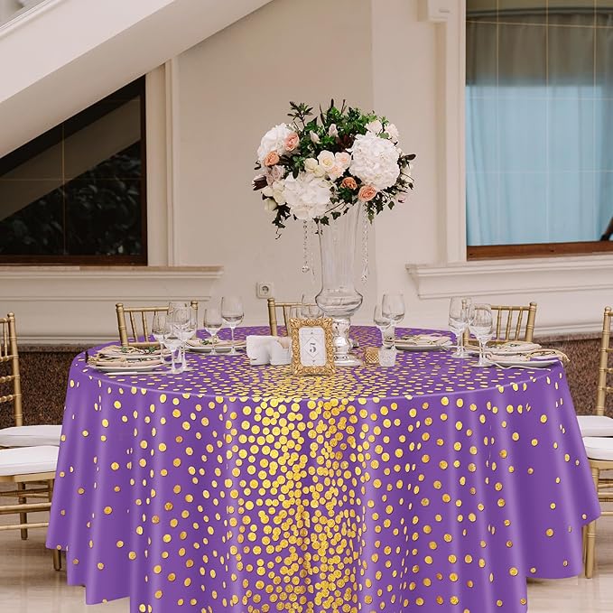 VitalCozy Round Dot Tablecloth 84 Inch Plastic Table Cover Polka Dot Confetti Tablecloths for Easter 2026 Graduation Prom Wedding Birthday Spring Party Supplies(Purple and Gold,3 Pcs)