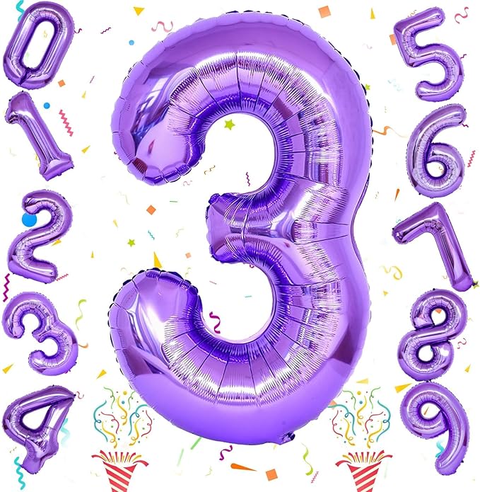 3rd Birthday Number Balloons for Kids, Self Inflating 40 Inch Purple Foil Balllons, Large Number 3 Balloons for Women 30th Birthday Party Bridal Shower Anniversary Graduation Party Decor Girl Supplies
