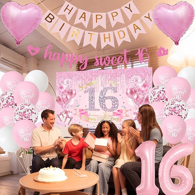 Sweet 16 Birthday Party Decorations for Girls - Pink 16th Happy Birthday Banner Heart Balloons Number 16, Photo Backdrop Crown Sash Party Supplies for Sixteen Years Old