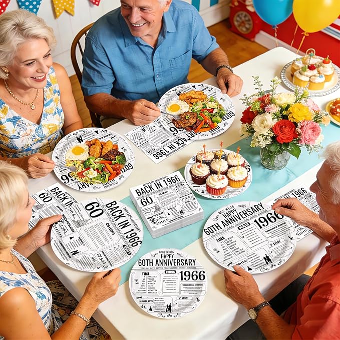 96Pcs 60th Anniversary Party Decor Vintage Back in 1966 Plates and Napkins Black White 60th Disposable Paper Tableware Set for Men Women Wedding Anniversary Birthday Party Supplies Serves 24