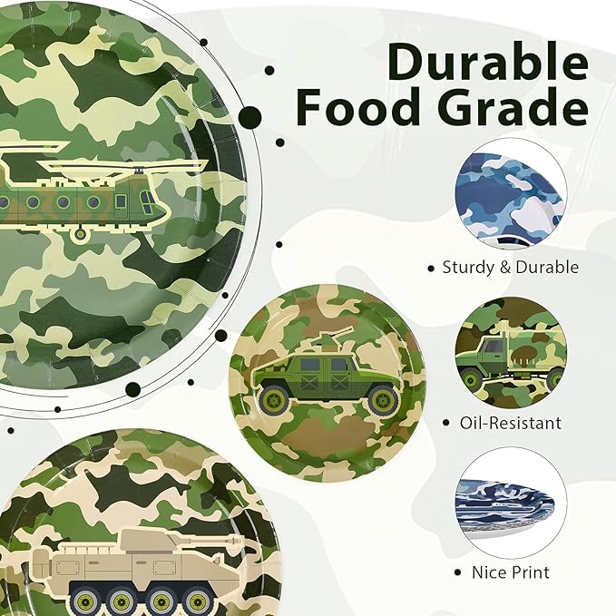 60Pcs Camo Army Party Paper Plates 9 Inch Disposable Heavy Duty Camo Military Birthday Dessert Plates Camouflage Military Decorations Favors for Boys Men Army Soldier Hunting Birthday Party Supplies