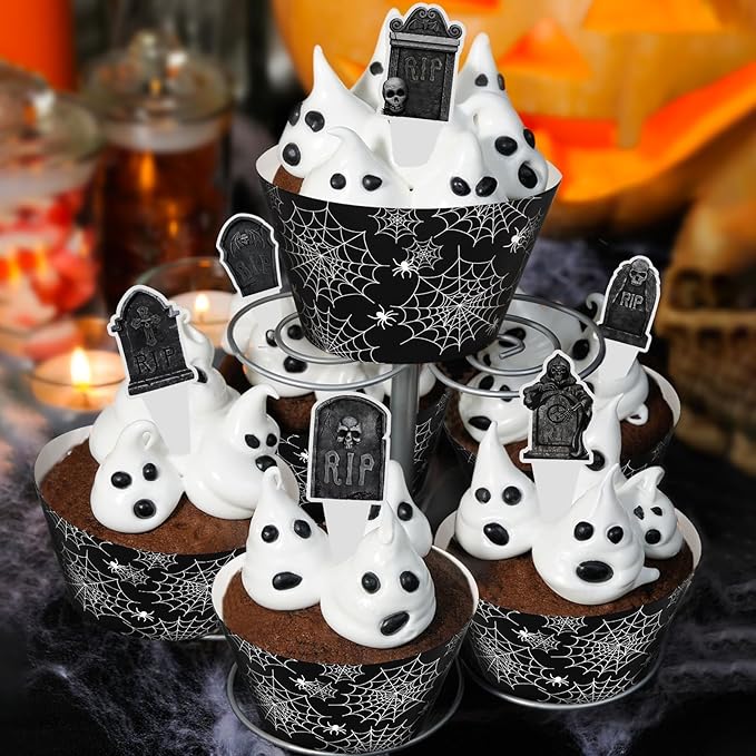 48 Pack Halloween Cupcake Toppers and Black Spider Web Wrappers, Tombstones Skeleton Cupcake Picks Decoration for Halloween Party Birthday Party Supplies