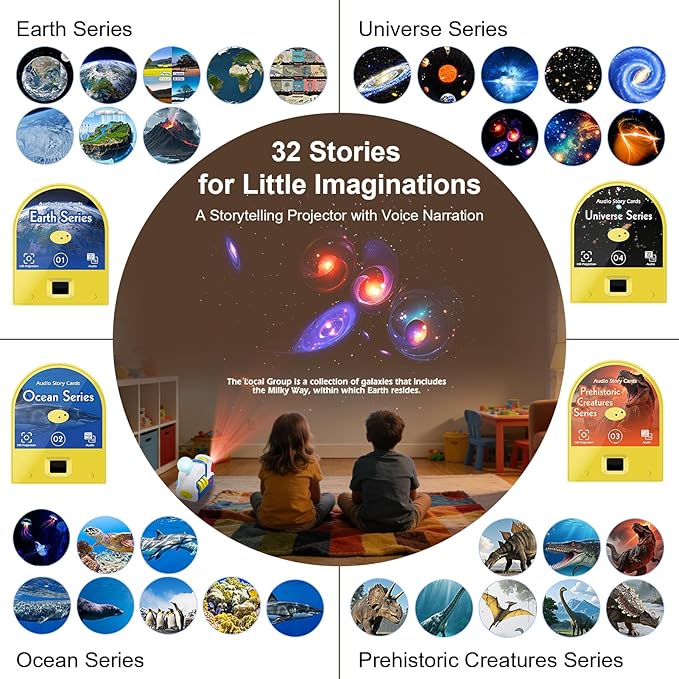 Story Projector for Kids, Bedtime Projector Machine with Voice Narration, 4 Science Themed Story Slides, Adjustable Focus, Night Light, Toy Gift for Toddlers Boys & Girls Ages 3+