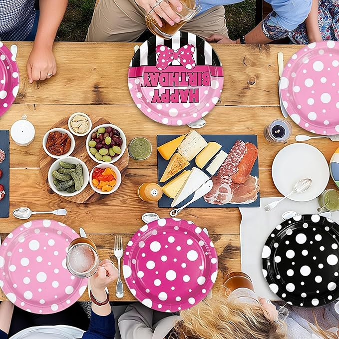 60Pcs Pink Mouse Birthday Paper Plates 9" Heavy Duty Disposable Cartoon Mouse Birthday Dessert Plates Pink Black White Polka Dot Bow Party Decorations for Kids Girls Bday Baby Shower Party Supplies