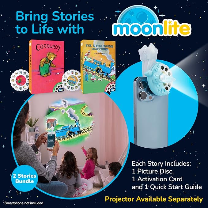 Moonlite Storytime 2-Story Bundle, Requires Moonlite Projector (Sold Separately), The Little Engine That Could and Corduroy, Vibrant Storybook Art Projections with Sound Effects & Music