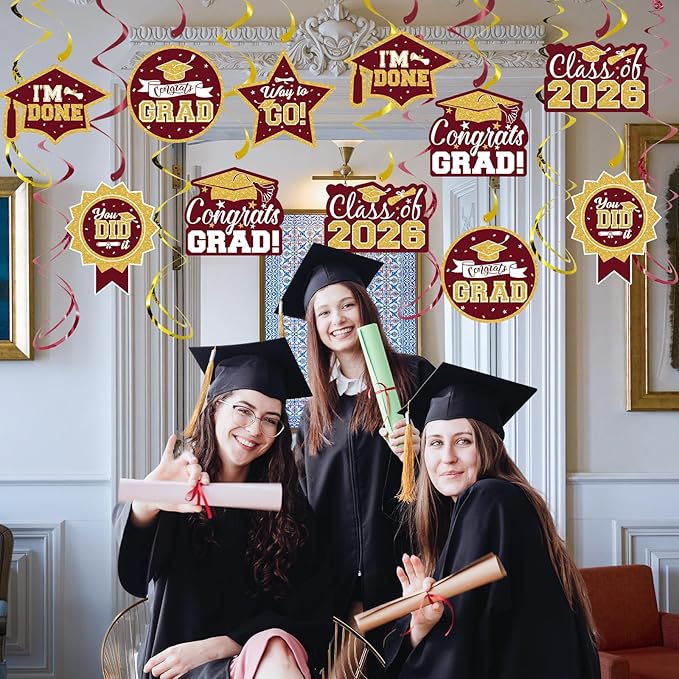 2026 Graduation Party Decorations - 30 Pcs Maroon Gold Class of 2026 Congrats Grad Hanging Swirl Ceiling Decor for Home School Classroom Graduation Party Supplies