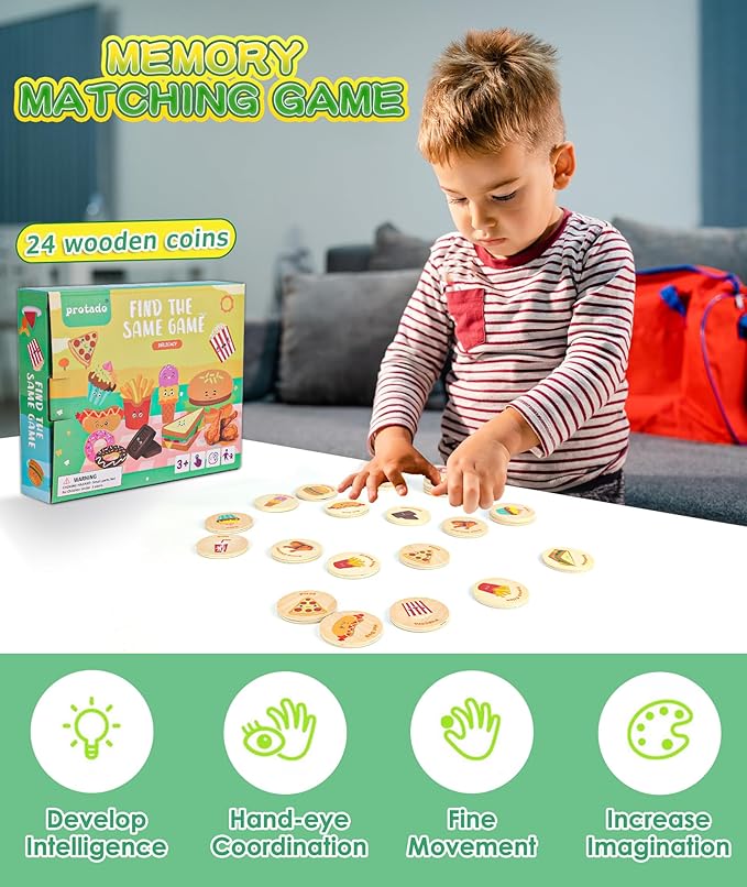 Wooden Match Memory Game for Kids, 24Pc Memory Matching Cards, Educational Memory Matching Game for Pre-Kindergarten Early Learning Development Kids (Delicacy)