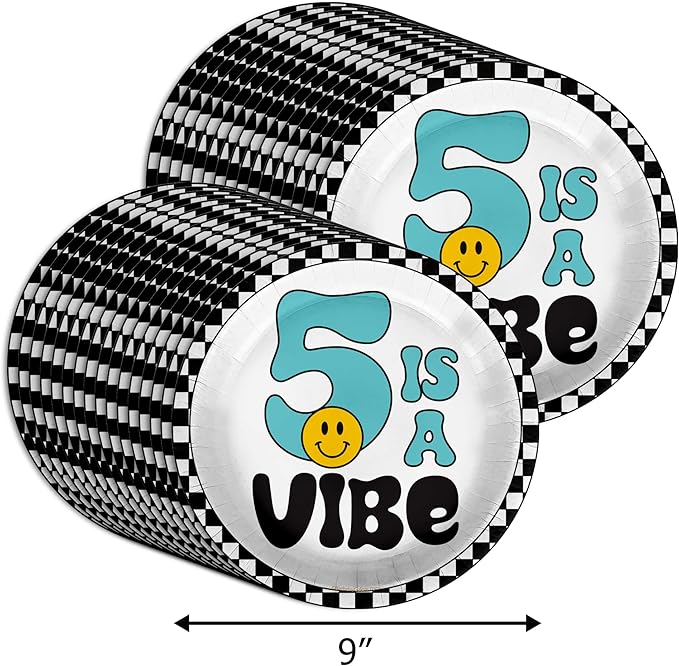 Five is a Vibe Smiley Face Fifth Birthday - 32 Piece Disposable Party Supplies - Decorations for Boy's 5th Birthday Round Party Plates - Large 9" Paper Plates In Bulk